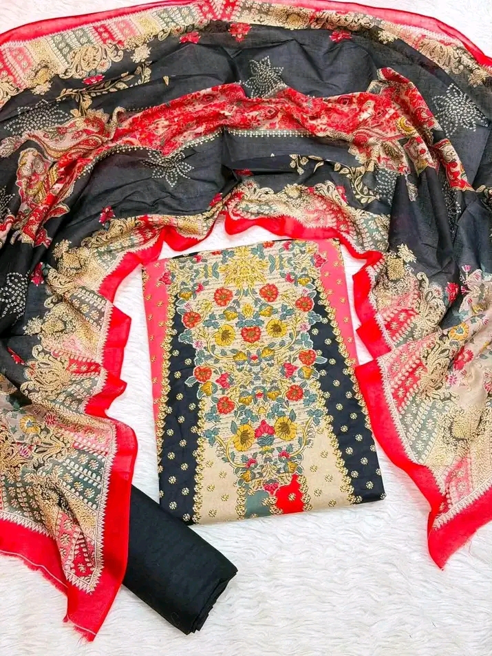 রাখি প্রিন্ট জমজম থ্রি পিস (ব্লাক এন্ড রেড)