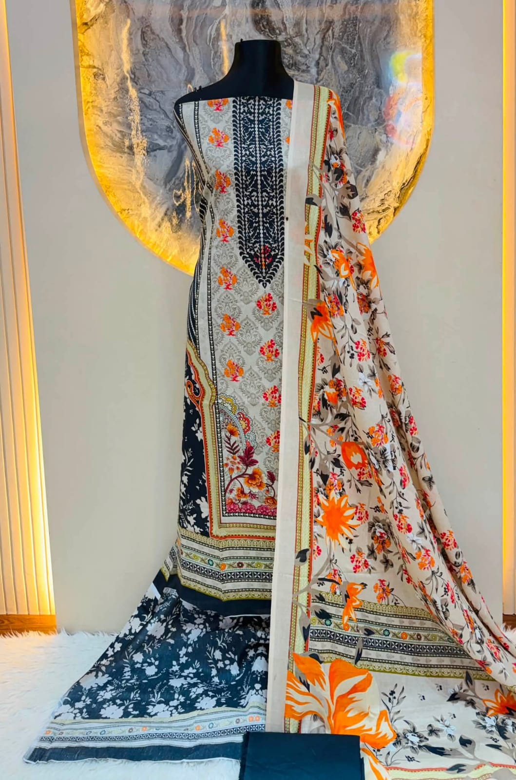 জমজম প্রিন্ট থ্রী পিস(নেবি ব্লু)